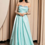 Φόρεμα Maxi Στραπλες Ταφτάς Γυαλιστερός με glitter στο μπούστο μέντα