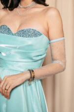 Φόρεμα Maxi Στραπλες Ταφτάς Γυαλιστερός με glitter στο μπούστο μέντα