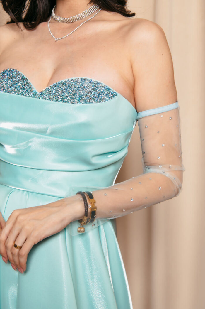 Φόρεμα Maxi Στραπλες Ταφτάς Γυαλιστερός με glitter στο μπούστο μέντα