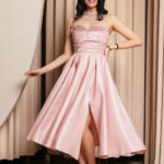 Φόρεμα Midi Στραπλες Ταφτάς Γυαλιστερός με glitter στο μπούστο baby pink