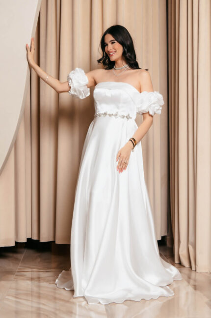 Φόρεμα Maxi Ταφτάς Γυαλιστερός με balloon μανίκια λευκό