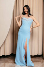 Φόρεμα maxi στραπλες με διακοσμημένο μπούστο baby blue