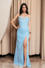 Φόρεμα maxi στραπλες με διακοσμημένο μπούστο baby blue
