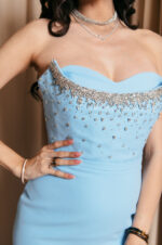 Φόρεμα maxi στραπλες με διακοσμημένο μπούστο baby blue