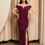 Φόρεμα maxi off shoulder με σούρες και πλαϊνό σκίσιμο μωβ