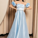 Φόρεμα Maxi Ταφτάς Γυαλιστερός με balloon μανίκια baby blue