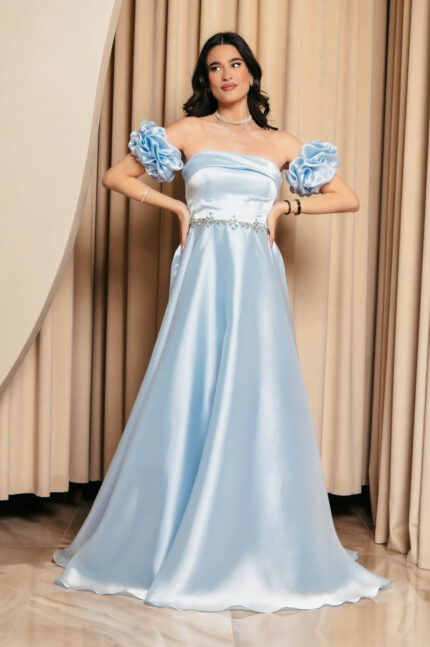 Φόρεμα Maxi Ταφτάς Γυαλιστερός με balloon μανίκια baby blue