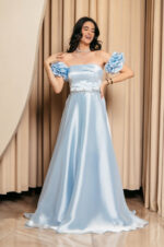 Φόρεμα Maxi Ταφτάς Γυαλιστερός με balloon μανίκια baby blue