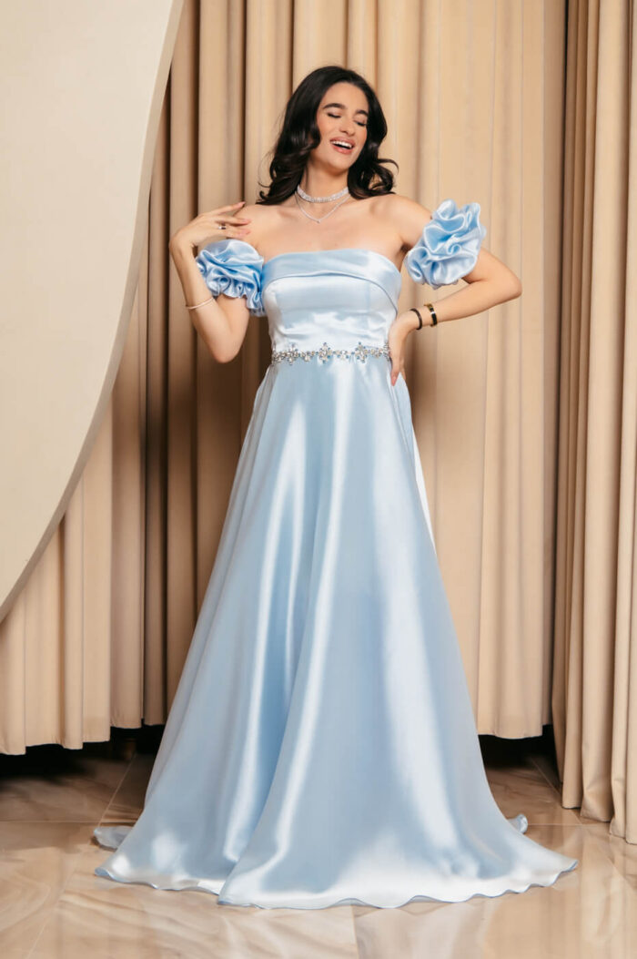 Φόρεμα Maxi Ταφτάς Γυαλιστερός με balloon μανίκια baby blue