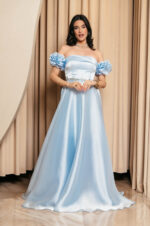 Φόρεμα Maxi Ταφτάς Γυαλιστερός με balloon μανίκια baby blue