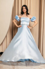 Φόρεμα Maxi Ταφτάς Γυαλιστερός με balloon μανίκια baby blue