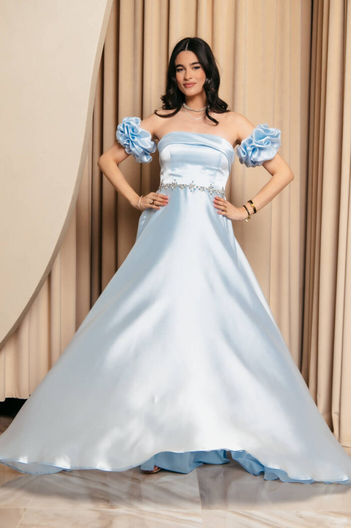Φόρεμα Maxi Ταφτάς Γυαλιστερός με balloon μανίκια baby blue
