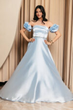 Φόρεμα Maxi Ταφτάς Γυαλιστερός με balloon μανίκια baby blue