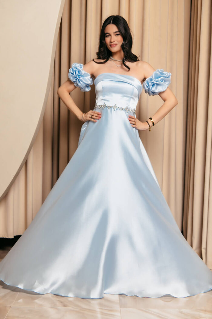 Φόρεμα Maxi Ταφτάς Γυαλιστερός με balloon μανίκια baby blue