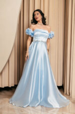 Φόρεμα Maxi Ταφτάς Γυαλιστερός με balloon μανίκια baby blue