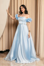 Φόρεμα Maxi Ταφτάς Γυαλιστερός με balloon μανίκια baby blue