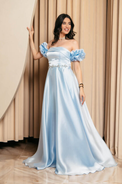 Φόρεμα Maxi Ταφτάς Γυαλιστερός με balloon μανίκια baby blue