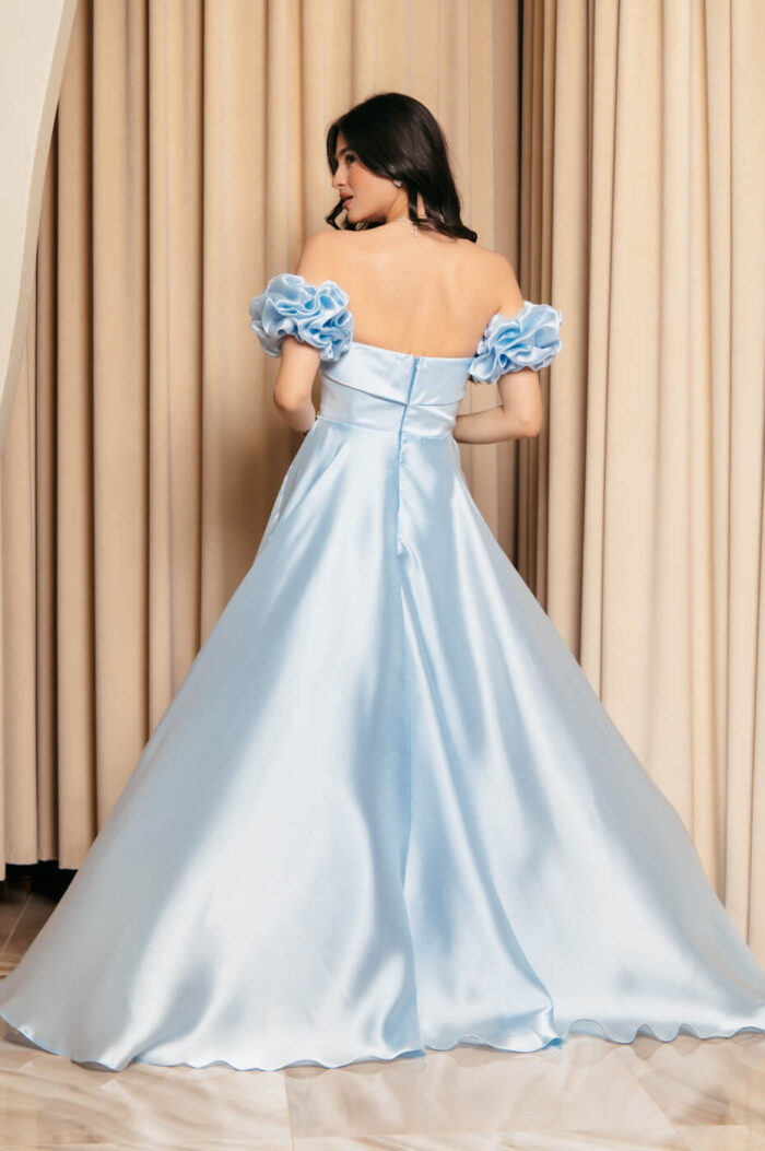 Φόρεμα Maxi Ταφτάς Γυαλιστερός με balloon μανίκια baby blue
