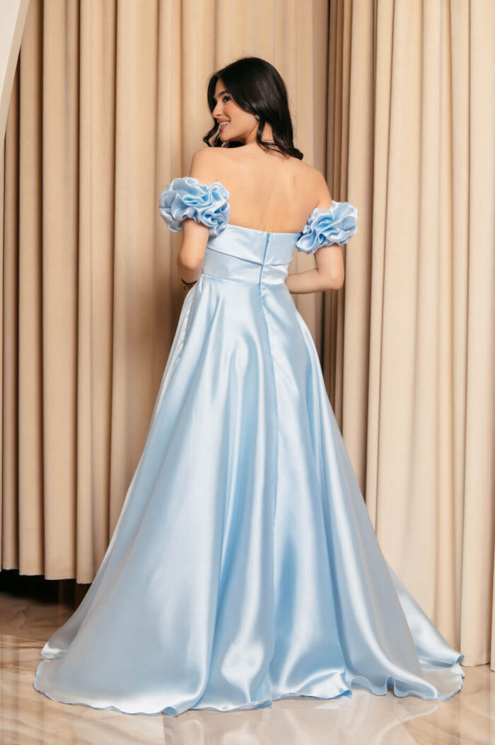 Φόρεμα Maxi Ταφτάς Γυαλιστερός με balloon μανίκια baby blue