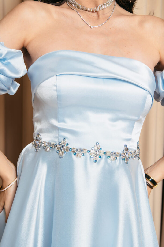 Φόρεμα Maxi Ταφτάς Γυαλιστερός με balloon μανίκια baby blue