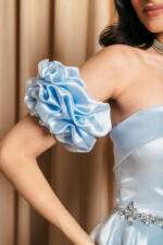 Φόρεμα Maxi Ταφτάς Γυαλιστερός με balloon μανίκια baby blue