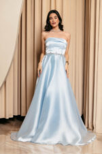 Φόρεμα Maxi Ταφτάς Γυαλιστερός με balloon μανίκια baby blue