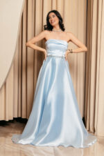 Φόρεμα Maxi Ταφτάς Γυαλιστερός με balloon μανίκια baby blue