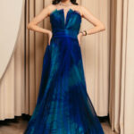 Φόρεμα maxi στράπλες με πιέτες midnight blue-πράσινο