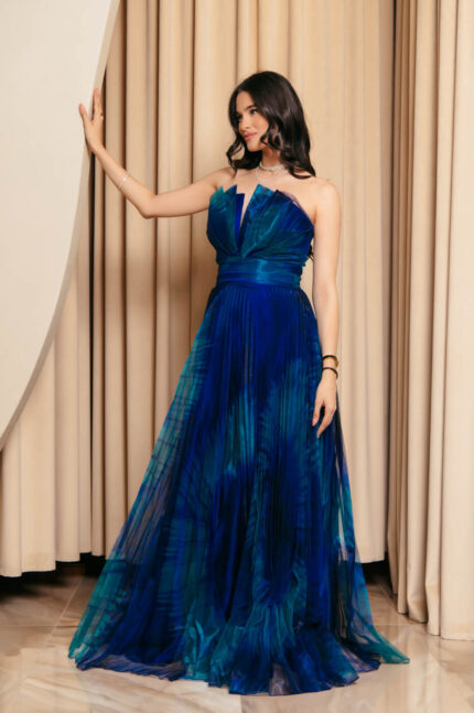 Φόρεμα maxi στράπλες με πιέτες midnight blue-πράσινο