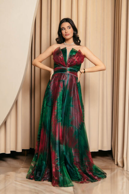 Φόρεμα maxi στράπλες με πιέτες πράσινο-κόκκινο