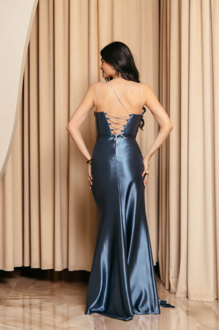 Φόρεμα maxi με ντραπέ σχέδιο και τιράντες στρας μπλέ