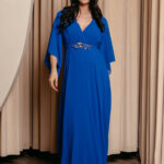 Φόρεμα maxi μπλε με χρυσό μοτίφ στη ζώνη