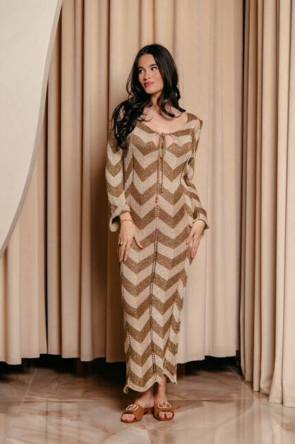 Φόρεμα maxi πλεκτό θαλάσσης beachwear μπεζ-χρυσό