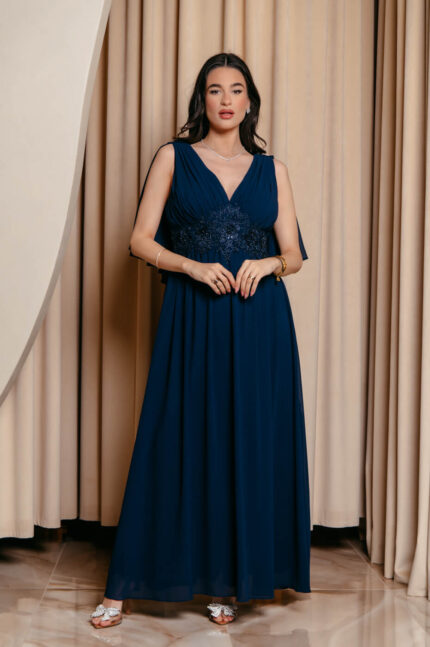 Φόρεμα maxi με πλισέ V ντεκολτέ και λεπτομέρεια με στρας midnight blue