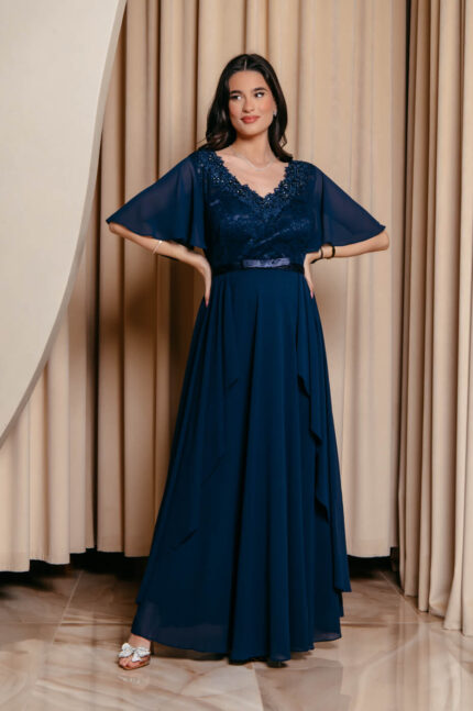 Φόρεμα maxi με δαντέλα και V ντεκολτέ midnight blue