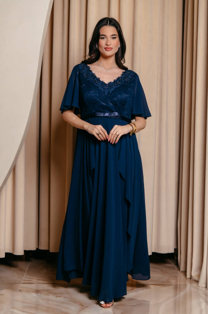 Φόρεμα maxi με δαντέλα και V ντεκολτέ midnight blue