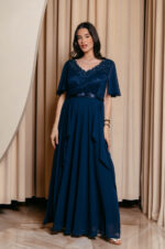 Φόρεμα maxi με δαντέλα και V ντεκολτέ midnight blue
