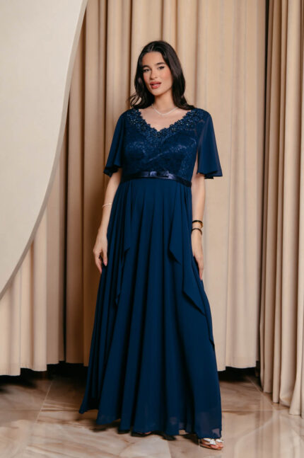 Φόρεμα maxi με δαντέλα και V ντεκολτέ midnight blue