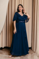 Φόρεμα maxi με δαντέλα και V ντεκολτέ midnight blue