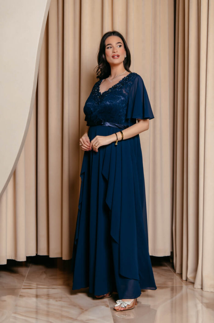Φόρεμα maxi με δαντέλα και V ντεκολτέ midnight blue