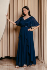 Φόρεμα maxi με δαντέλα και V ντεκολτέ midnight blue
