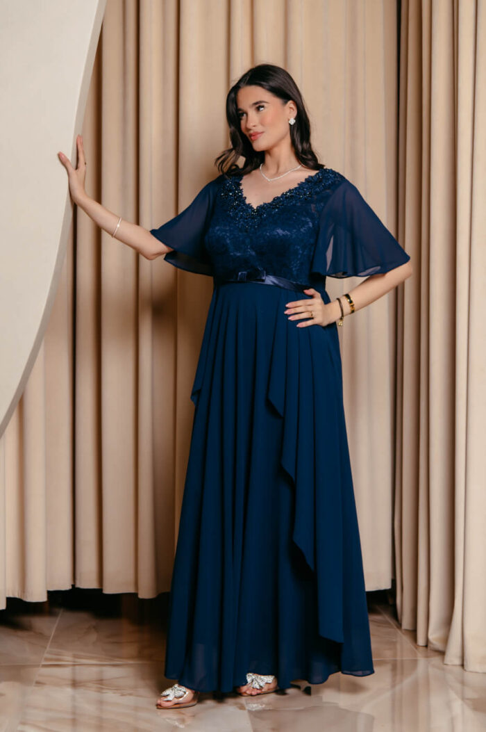 Φόρεμα maxi με δαντέλα και V ντεκολτέ midnight blue