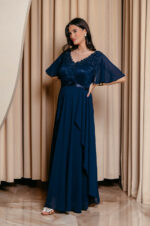 Φόρεμα maxi με δαντέλα και V ντεκολτέ midnight blue