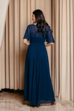 Φόρεμα maxi με δαντέλα και V ντεκολτέ midnight blue