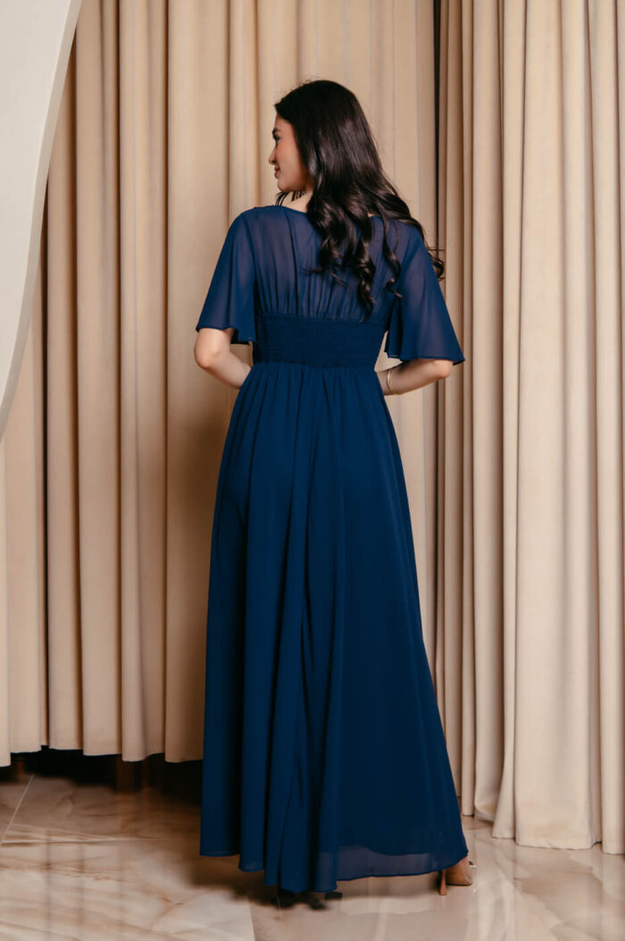 Φόρεμα maxi με δαντέλα και V ντεκολτέ midnight blue