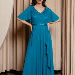 Φόρεμα maxi με δαντέλα και V ντεκολτέ πετρόλ