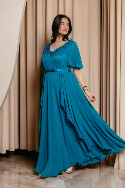 Φόρεμα maxi με δαντέλα και V ντεκολτέ πετρόλ