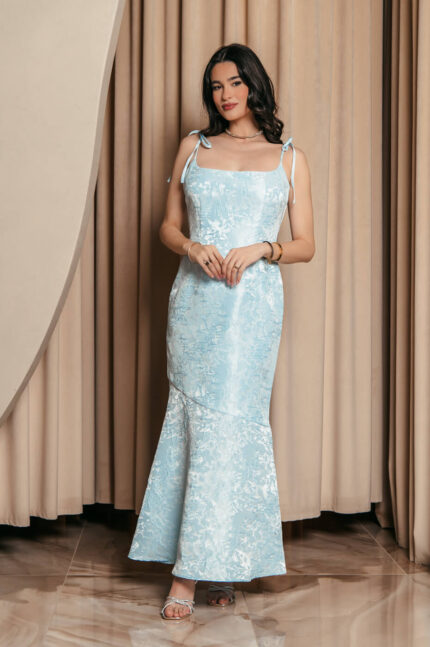 Φόρεμα maxi γοργονέ με ανάγλυφο μοτίβο baby blue