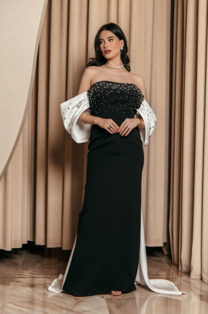 Φόρεμα maxi με σχέδιο φιόγκο και ουρά ασπρόμαυρο