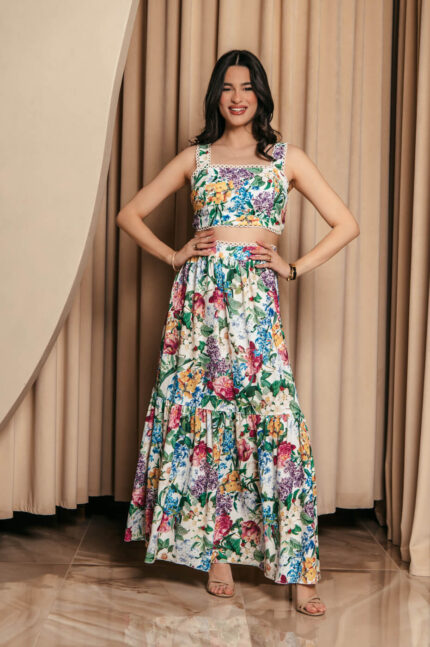 Σετ crop top – φούστα floral με πλεκτές λεπτομέρειες λευκό
